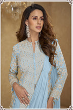 Sky Blue Chinon Silk Jacket with Draped Saree with Thread and Sequins Embroidery