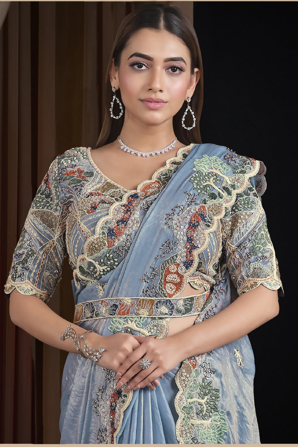 Sky Blue Satin Saree for Wedding Guest with Pearl and Sequins Work