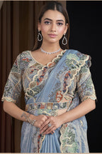 Sky Blue Satin Saree for Wedding Guest with Pearl and Sequins Work