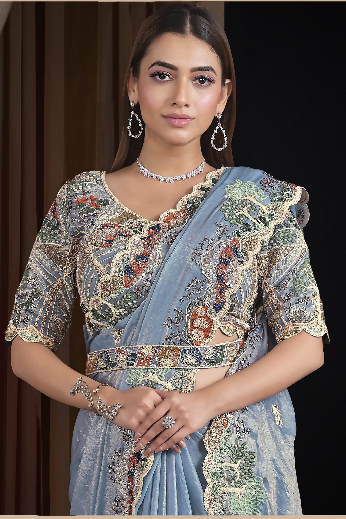 Steel Blue Satin Saree for Wedding Guest with Sequins & Pearl Handwork