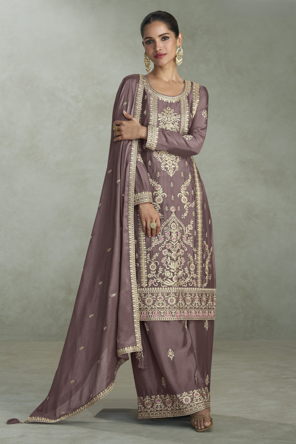 Grey Chinon Silk Plazo Suit For Indian & Pakistani Wedding Festival - Thread & Sequins Embroidery Work, Print Work