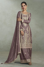 Grey Chinon Silk Plazo Suit For Indian & Pakistani Wedding Festival - Thread & Sequins Embroidery Work, Print Work