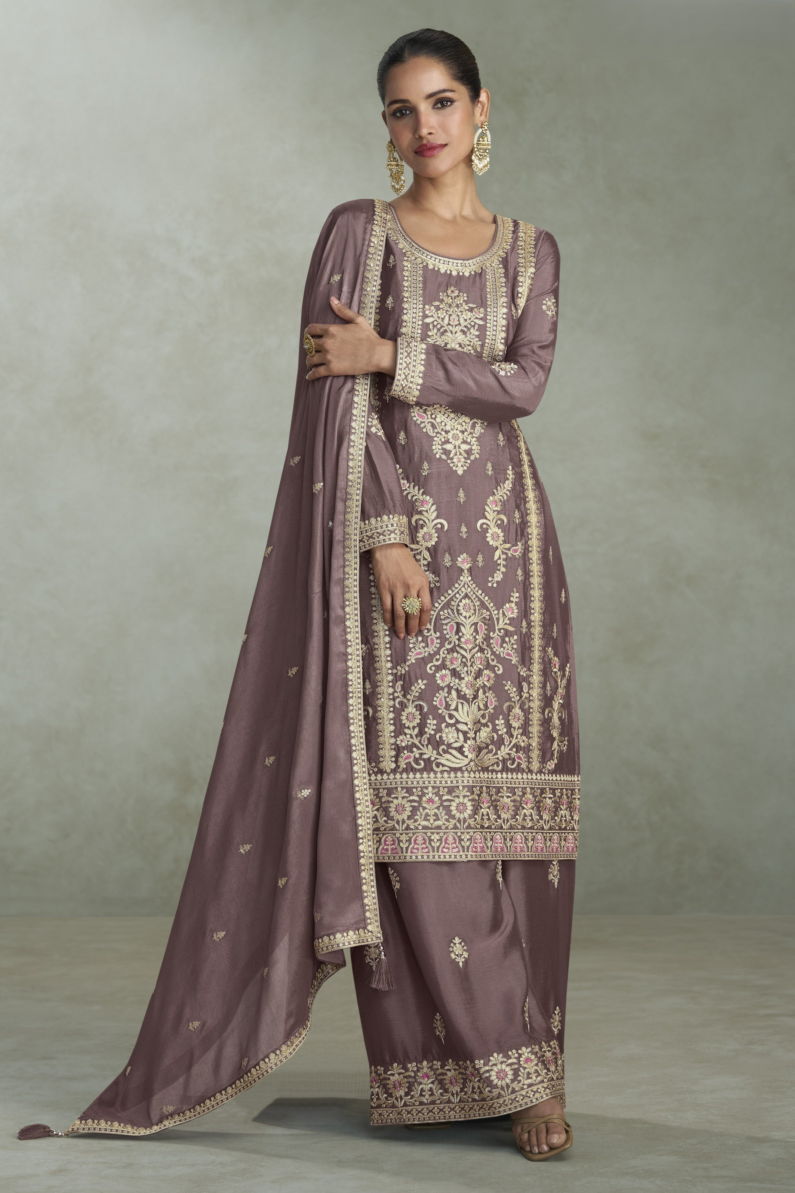 Grey Chinon Silk Plazo Suit For Indian & Pakistani Wedding Festival - Thread & Sequins Embroidery Work, Print Work
