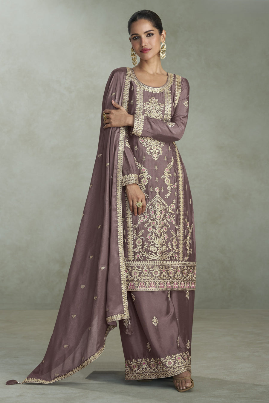 Grey Chinon Silk Plazo Suit For Indian & Pakistani Wedding Festival - Thread & Sequins Embroidery Work, Print Work