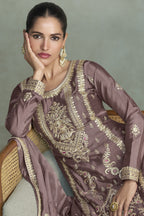 Slate Purple Chinon Silk Plazo Suit For Indian & Pakistani Wedding Festival - Thread & Sequins Embroidery Work, Print Work