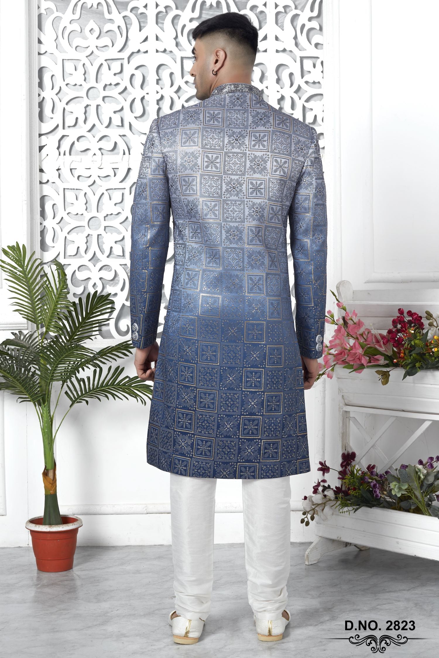 Steel Blue Art Silk Sherwani for Men Wedding with Embroidery Work