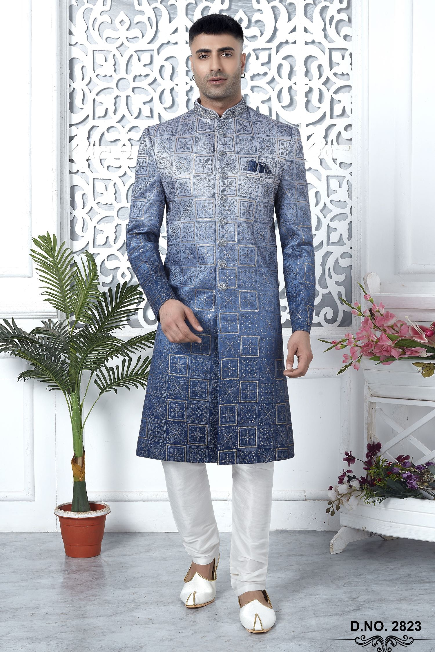 Steel Blue Art Silk Sherwani for Men Wedding with Embroidery Work