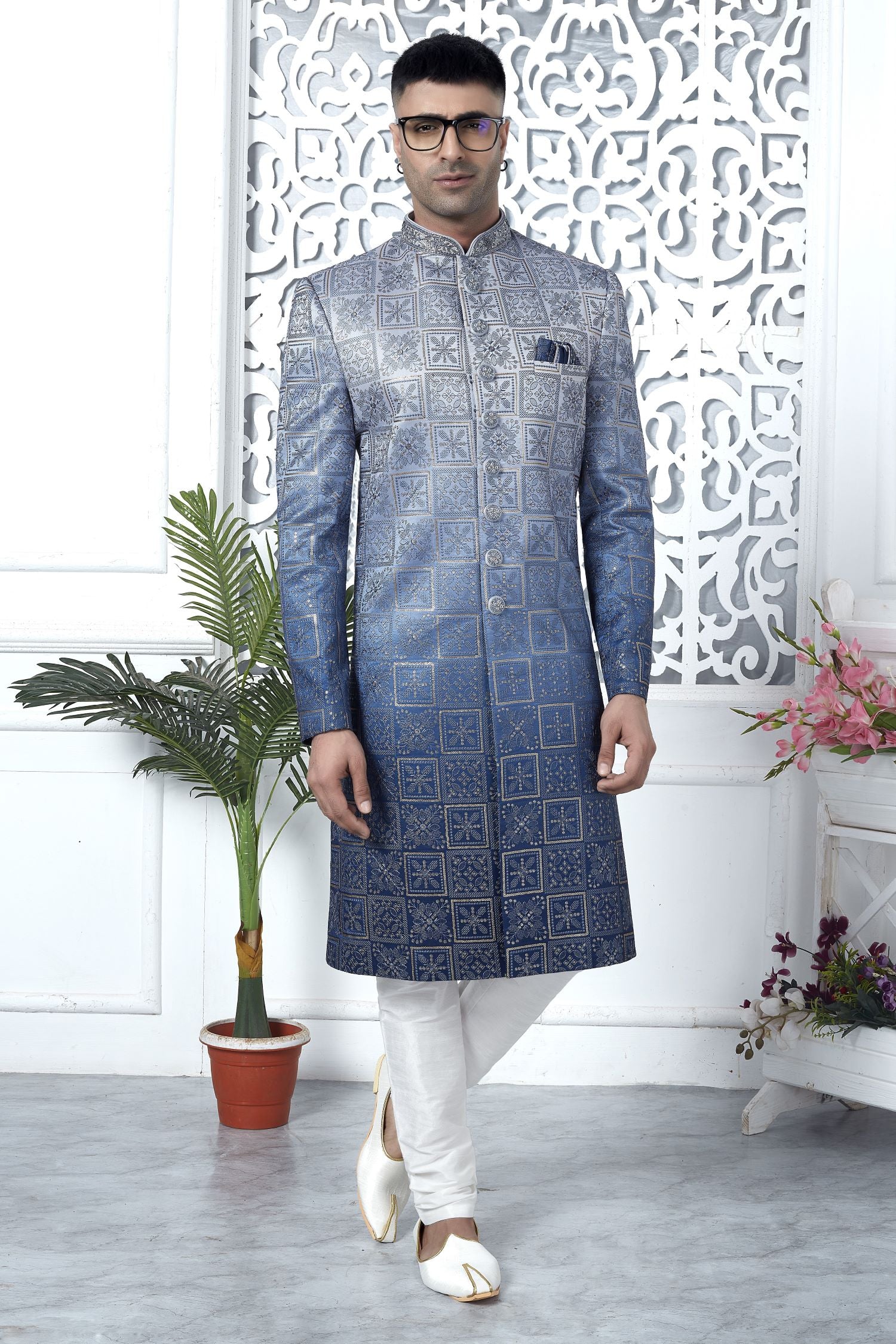 Steel Blue Art Silk Sherwani for Men Wedding with Embroidery Work