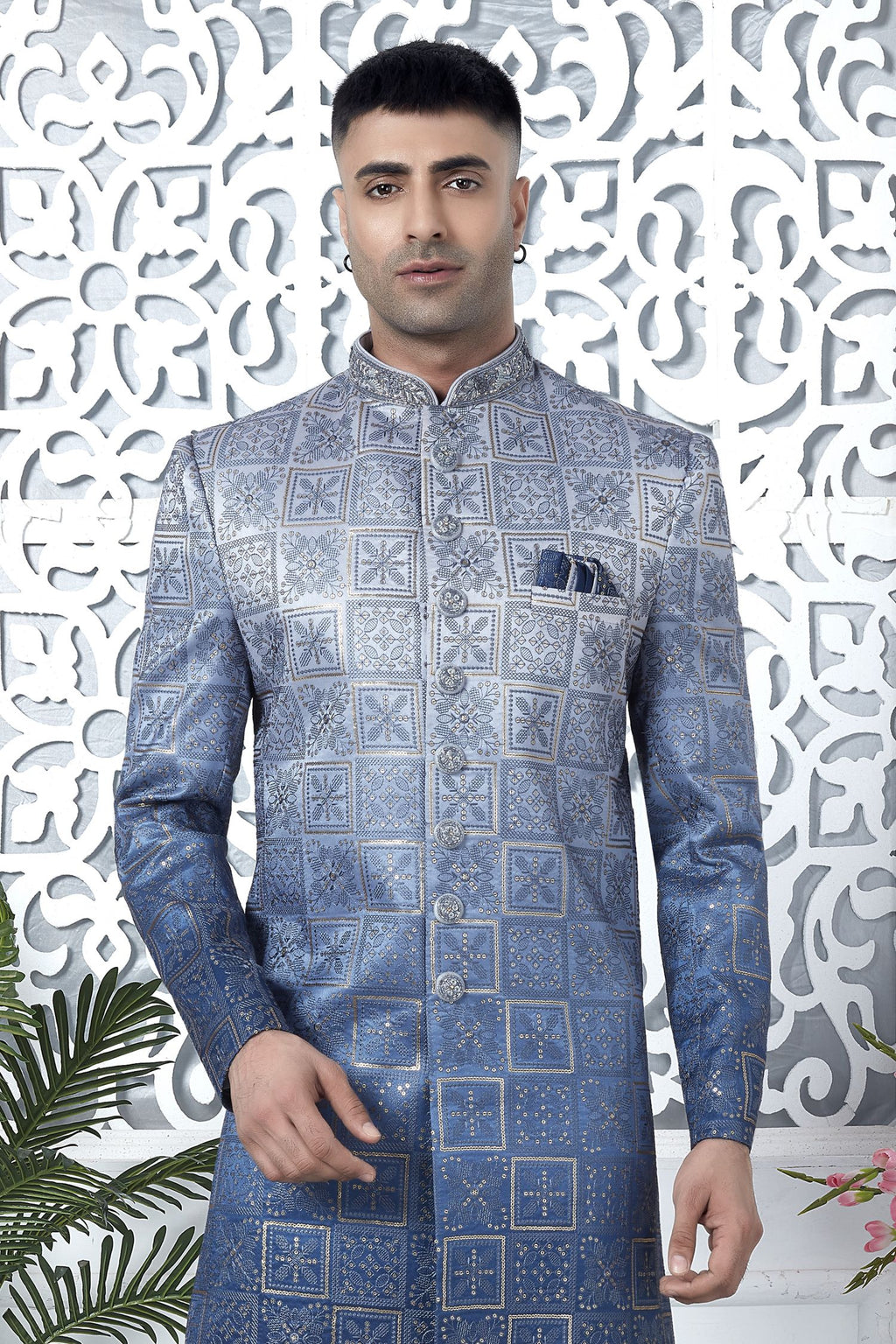 Steel Blue Art Silk Sherwani for Men Wedding with Embroidery Work