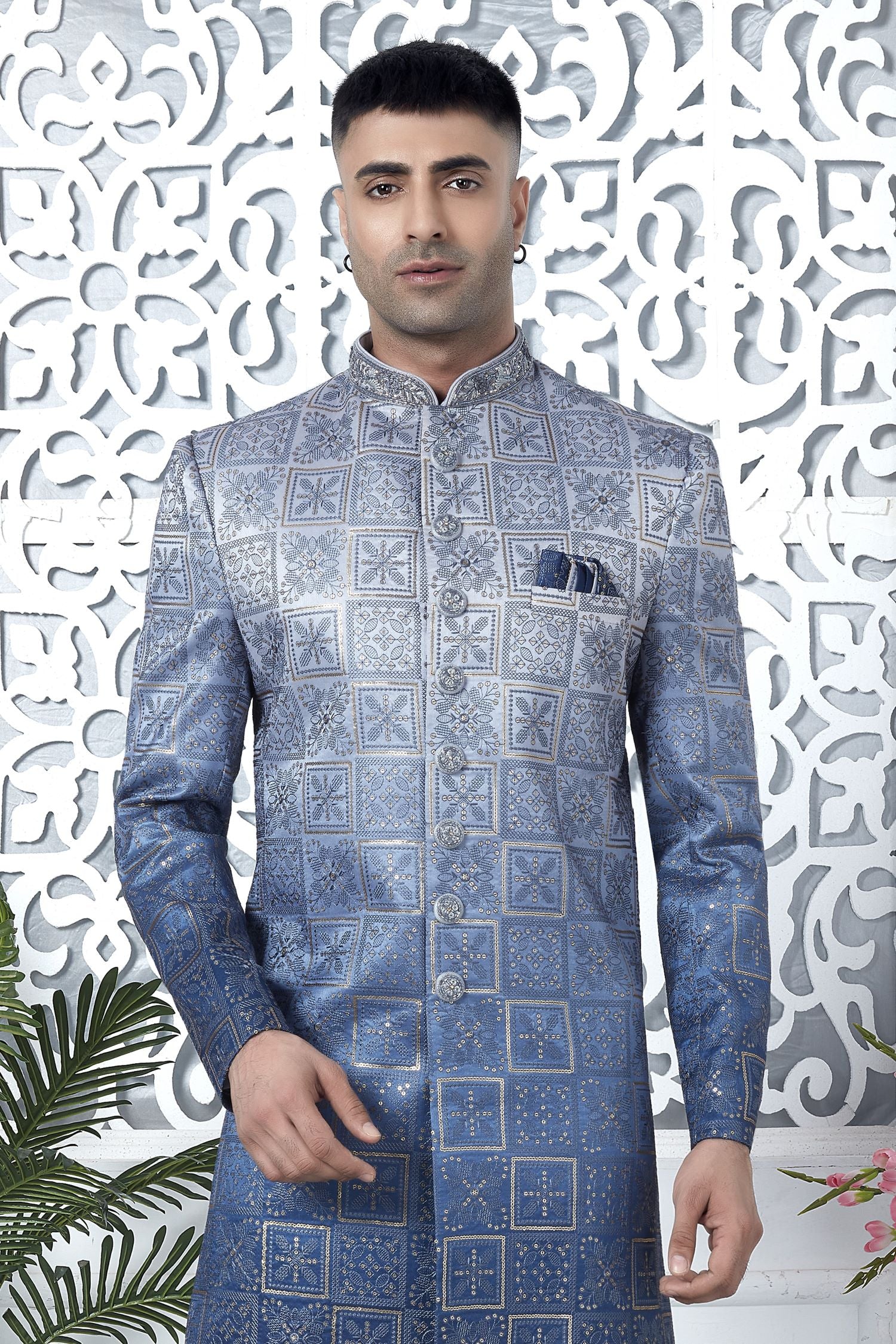 Steel Blue Art Silk Sherwani for Men Wedding with Embroidery Work