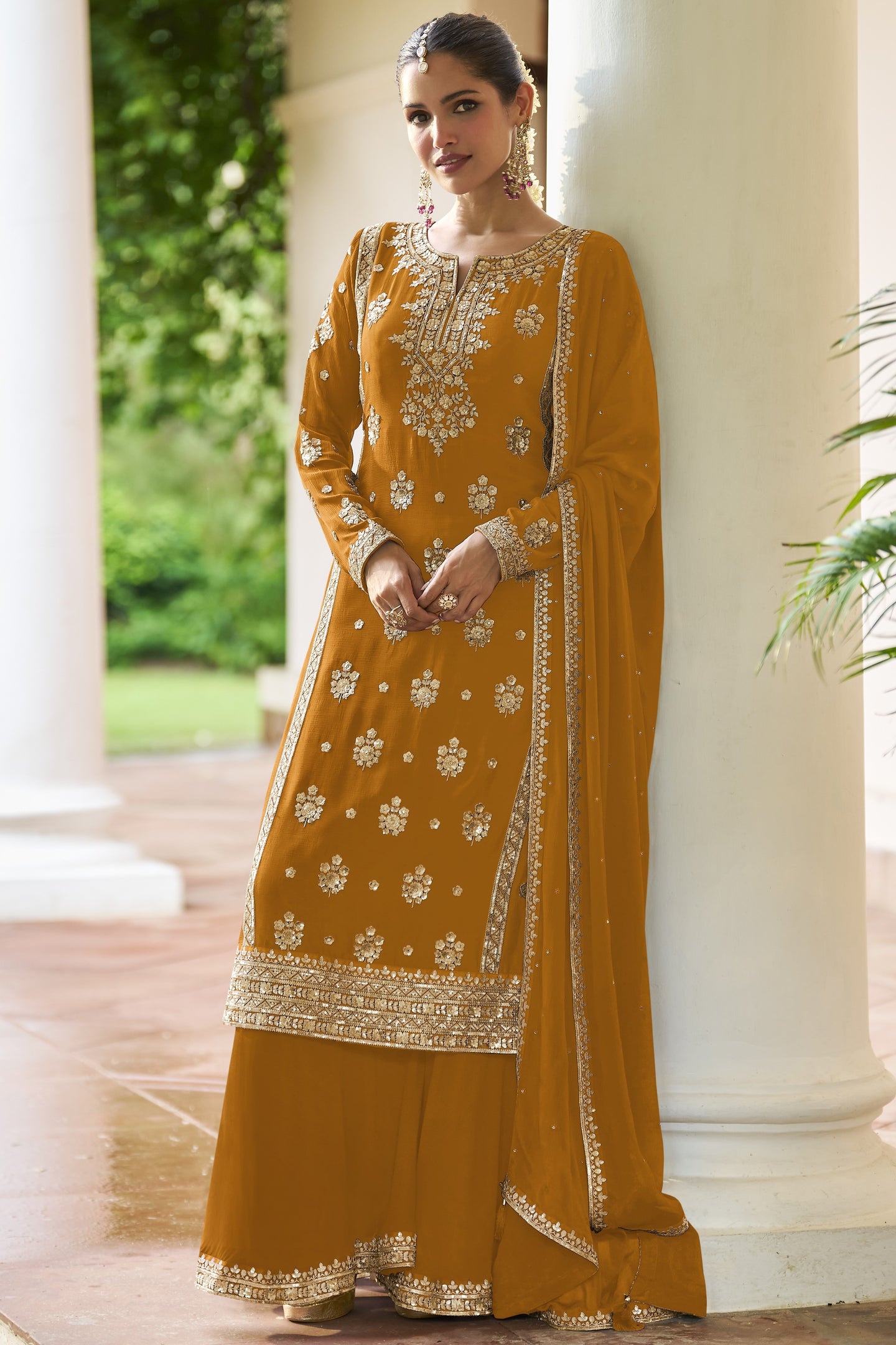 Straight Cut Pakistani Suit with Mustard Chinon Silk Sequins Thread Embroidery Work