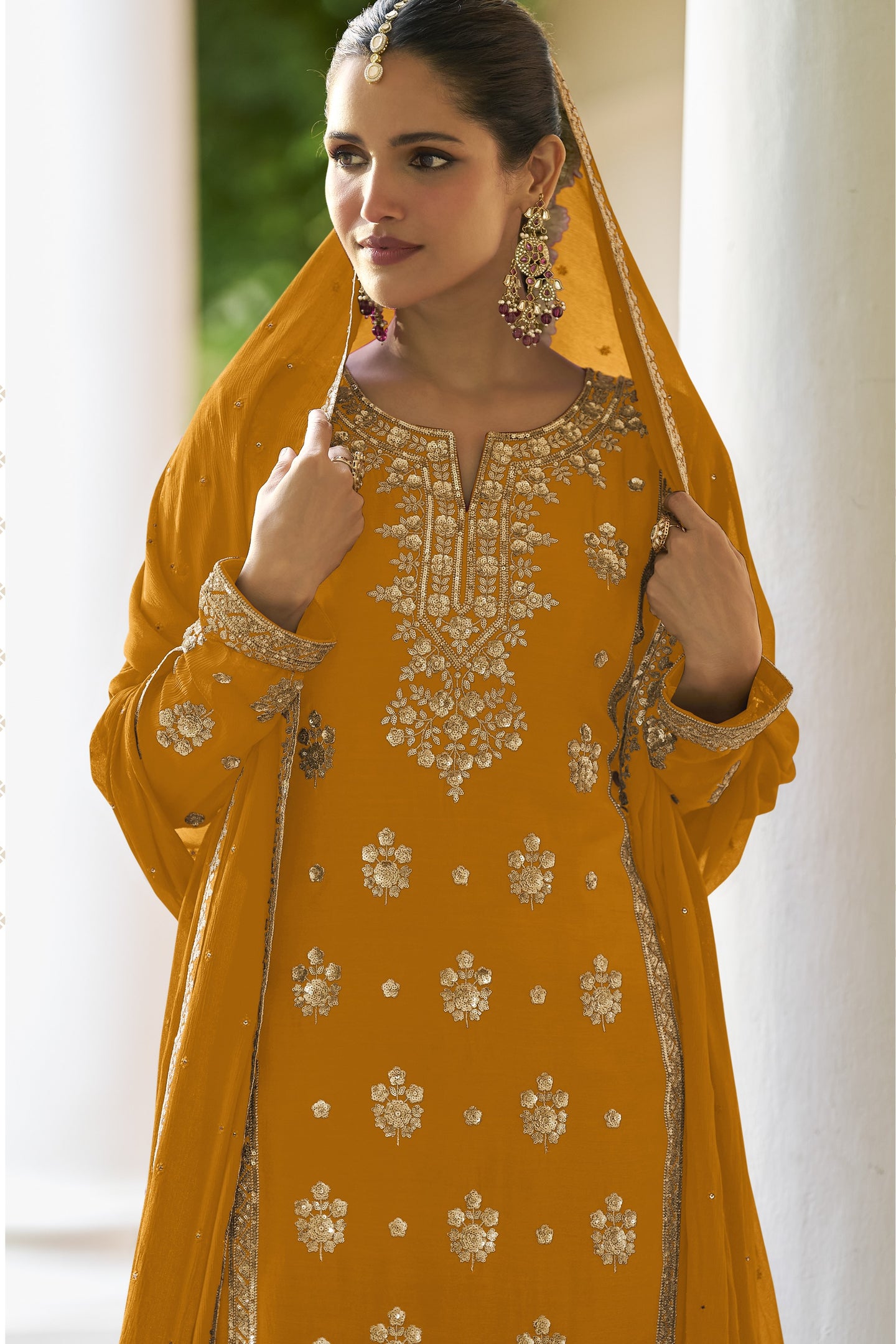 Straight Cut Pakistani Suit with Mustard Chinon Silk Sequins Thread Embroidery Work