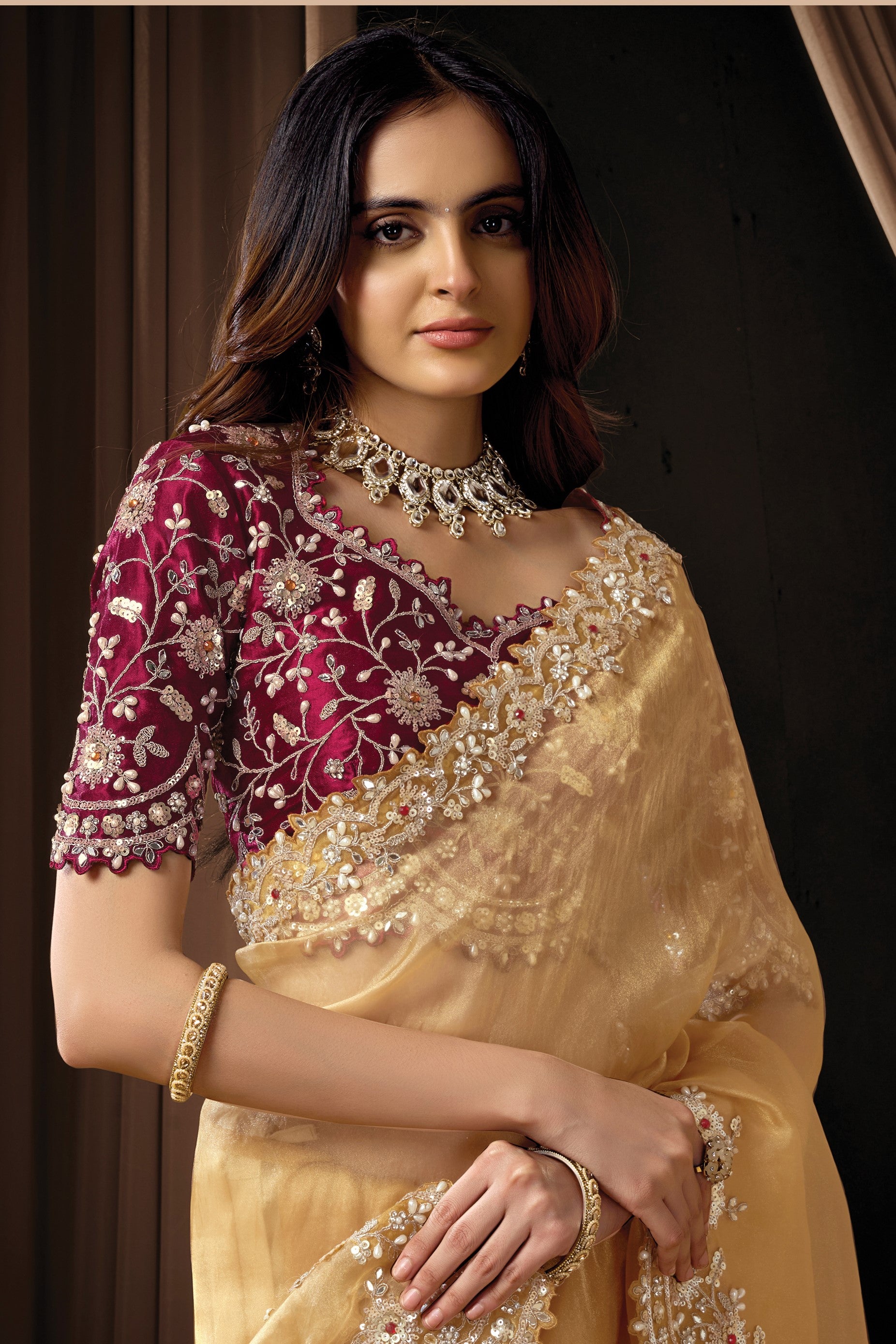 Tan Color Sequins & Mirror Pearl Work Saree for Wedding Guest in Velvet Satin