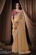 Tan Color Sequins & Mirror Pearl Work Saree for Wedding Guest in Velvet Satin