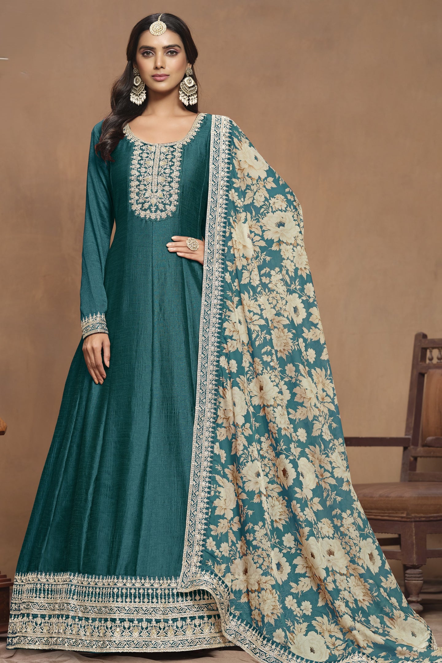 Greenish Blue Art Silk Long Anarkali Suit For Indian Festivals & Pakistani Weddings Dress - Embroidery Work