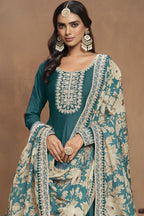 Greenish Blue Art Silk Long Anarkali Suit For Indian Festivals & Pakistani Weddings Dress - Embroidery Work
