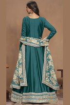 Teal Art Silk Long Anarkali Suit For Indian Festivals & Pakistani Weddings Dress - Embroidery Work