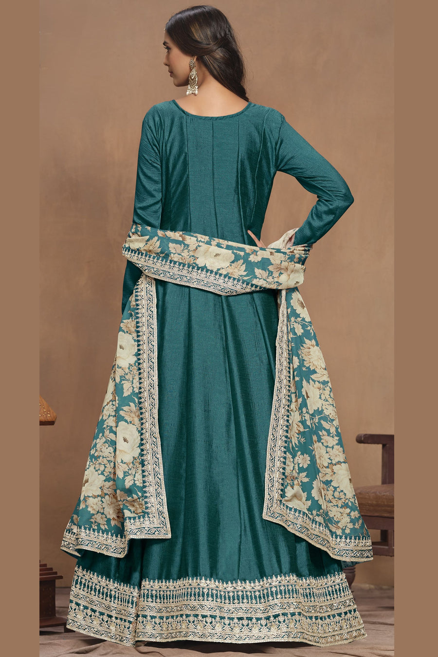 Teal Art Silk Long Anarkali Suit For Indian Festivals & Pakistani Weddings Dress - Embroidery Work