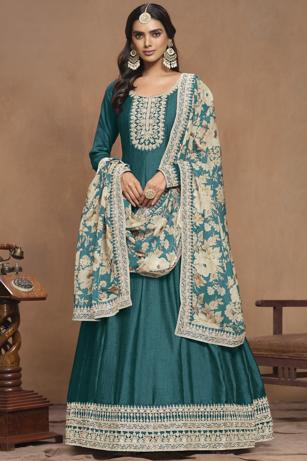 Greenish Blue Art Silk Long Anarkali Suit For Indian Festivals & Pakistani Weddings Dress - Embroidery Work