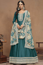 Greenish Blue Art Silk Long Anarkali Suit For Indian Festivals & Pakistani Weddings Dress - Embroidery Work