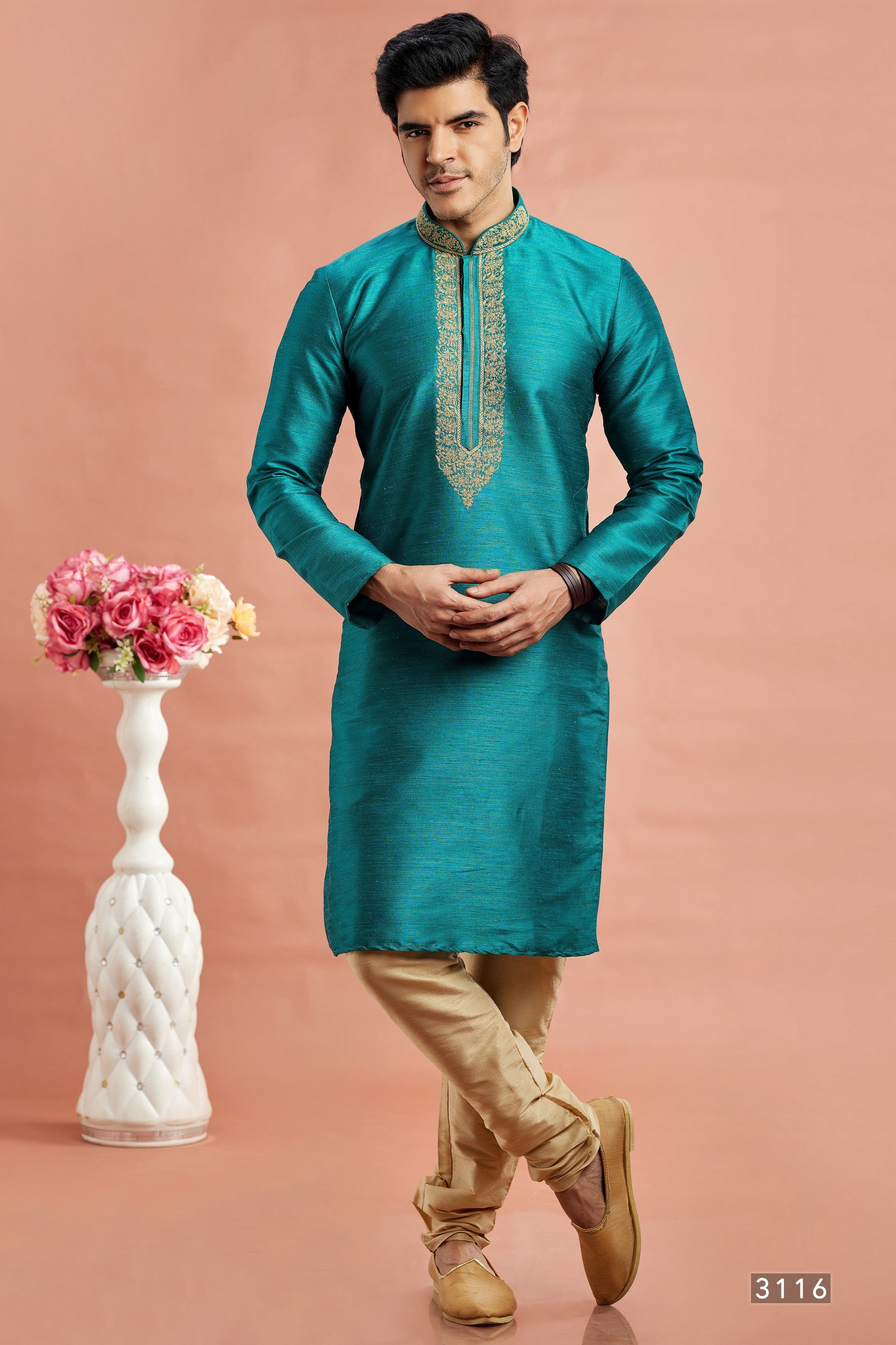 Teal Banarasi Art Silk Plain Kurta Pajama for Men for Festival & Wedding - Embroidery Work