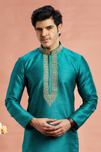 Teal Banarasi Art Silk Plain Kurta Pajama for Men for Festival & Wedding - Embroidery Work
