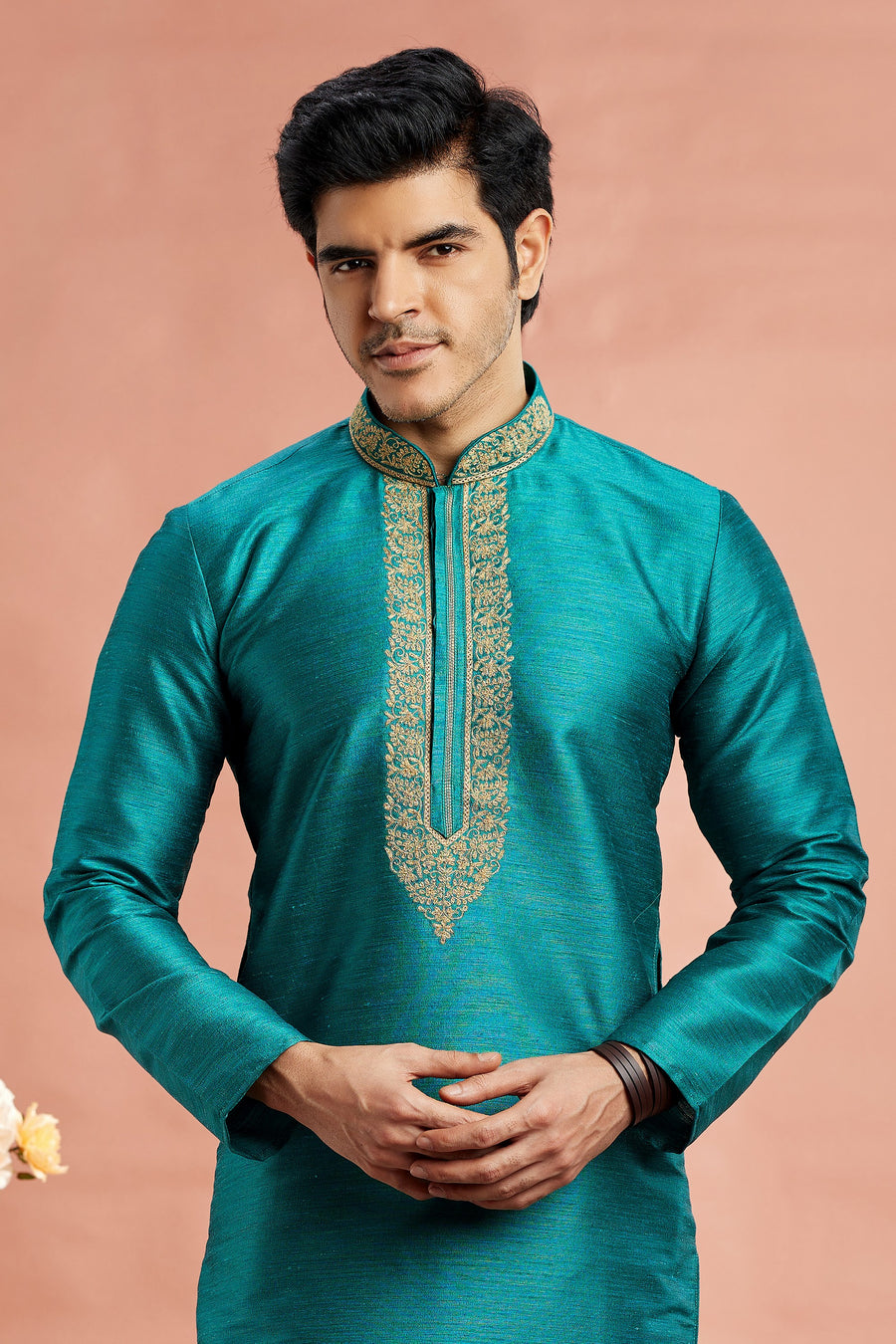 Teal Banarasi Art Silk Plain Kurta Pajama for Men for Festival & Wedding - Embroidery Work