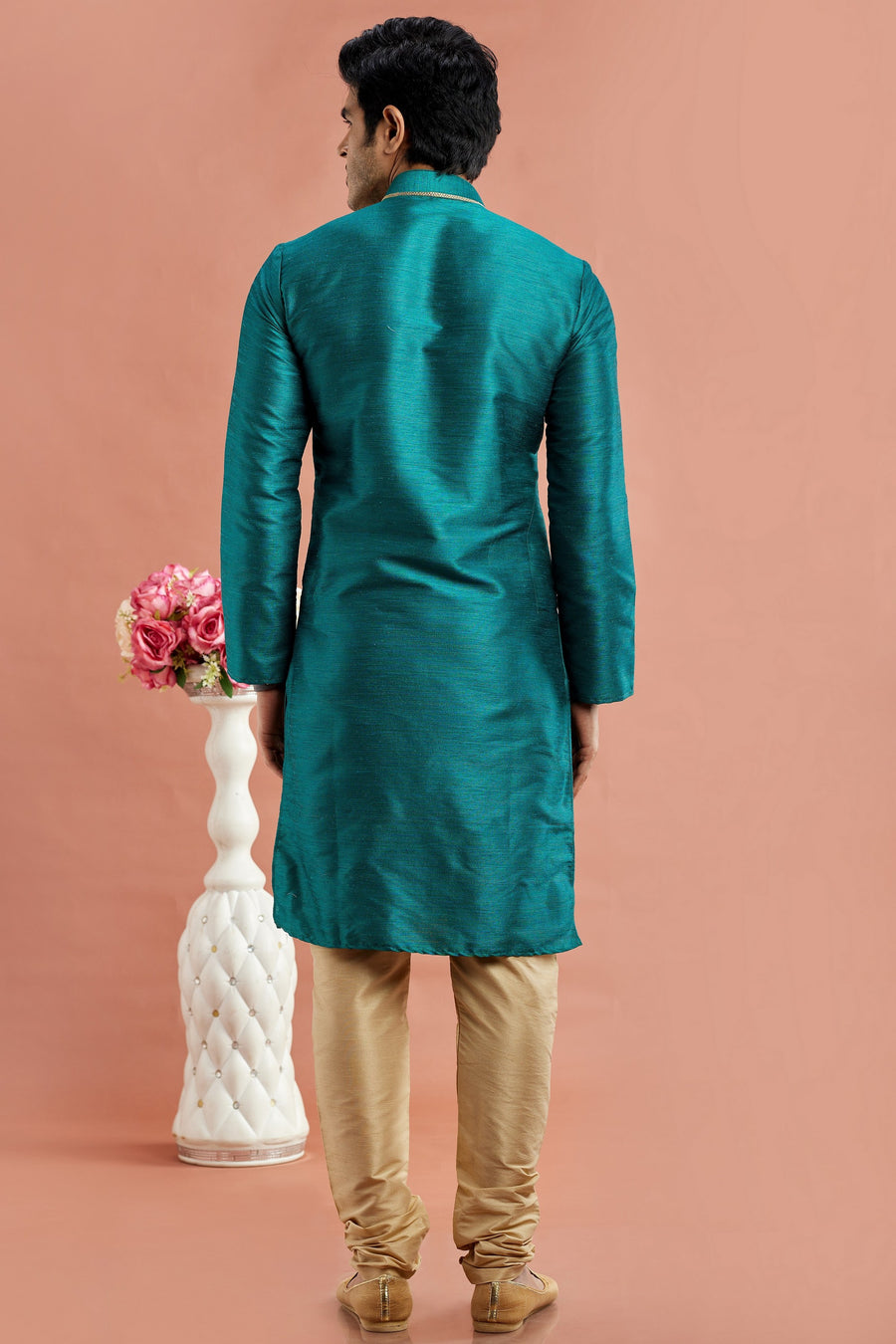 Teal Banarasi Art Silk Plain Kurta Pajama for Men for Festival & Wedding - Embroidery Work