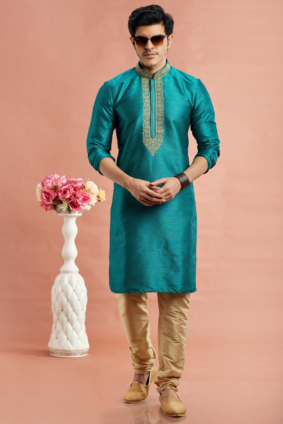 Teal Banarasi Art Silk Plain Kurta Pajama for Men for Festival & Wedding - Embroidery Work