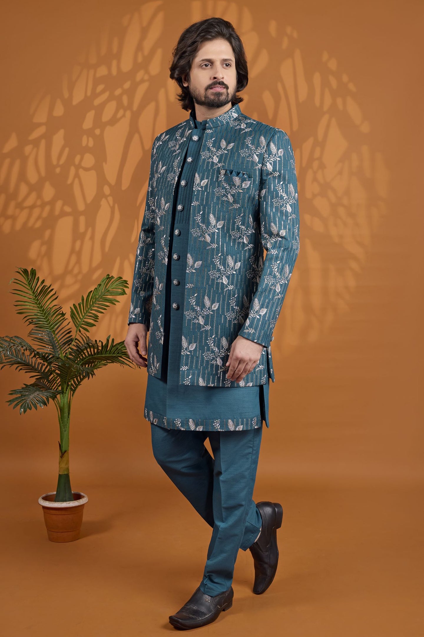 Teal Blue Art Silk 3 Piece Sherwani for Men Wedding with Thread Work