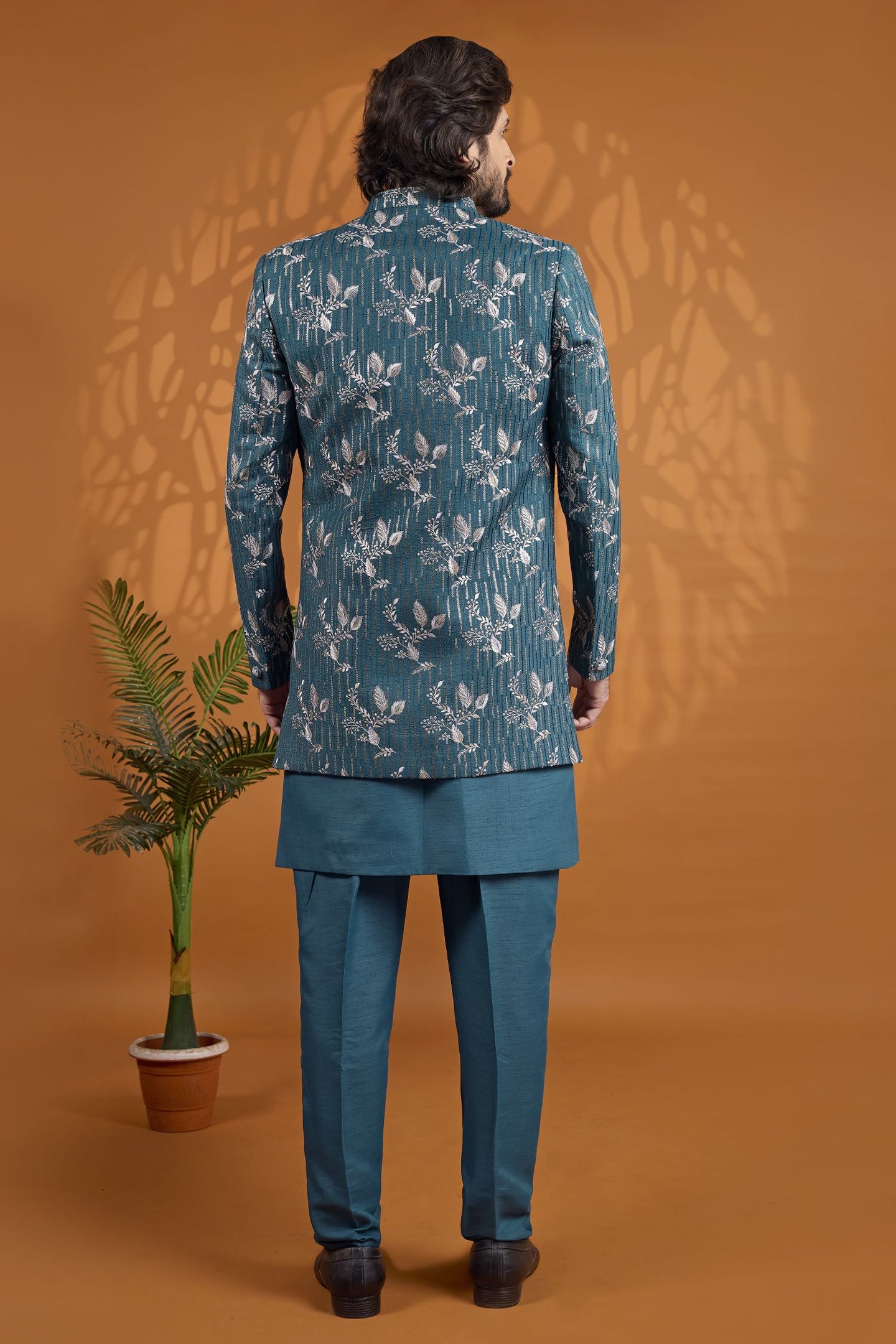 Teal Blue Art Silk 3 Piece Sherwani for Men Wedding with Thread Work