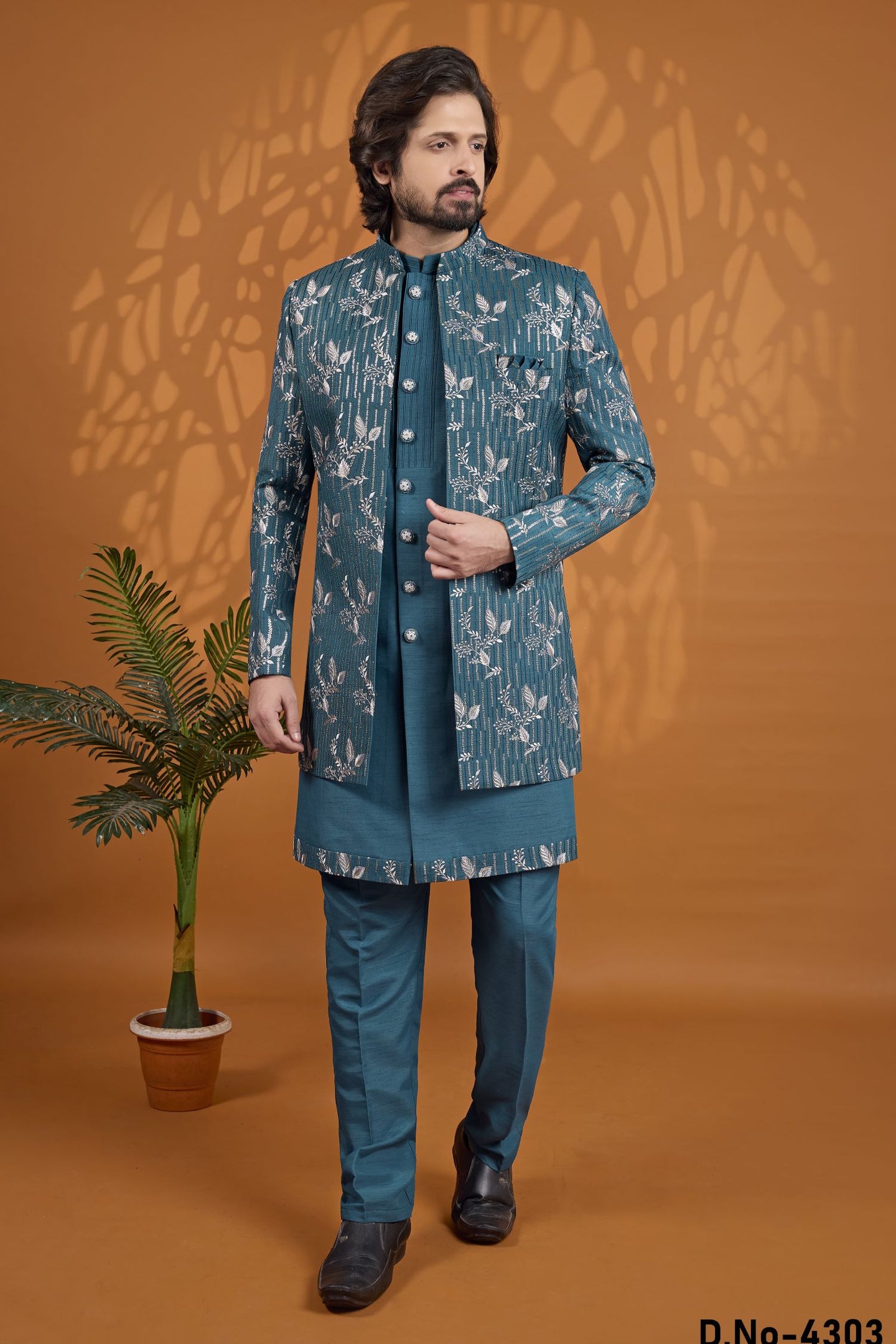 Teal Blue Art Silk 3 Piece Sherwani for Men Wedding with Thread Work