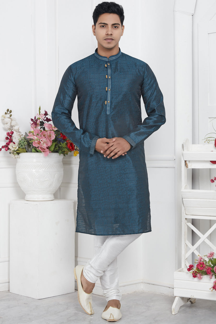 Teal Blue Jacquard Silk Plain Straight Kurta Pajama for Men for Wedding & Festival
