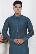 Teal Blue Jacquard Silk Plain Straight Kurta Pajama for Men for Wedding & Festival