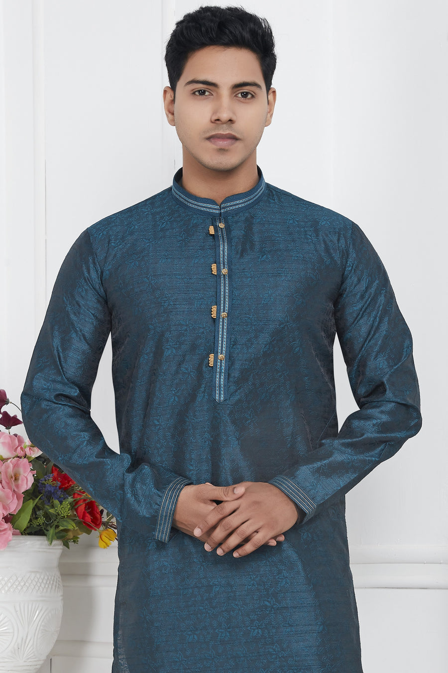 Teal Blue Jacquard Silk Plain Straight Kurta Pajama for Men for Wedding & Festival