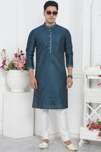 Teal Blue Jacquard Silk Plain Straight Kurta Pajama for Men for Wedding & Festival
