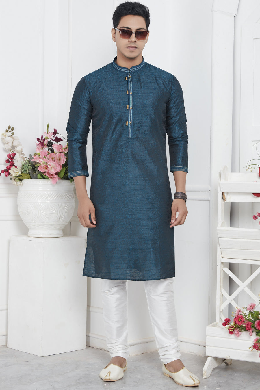 Teal Blue Jacquard Silk Plain Straight Kurta Pajama for Men for Wedding & Festival