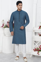 Teal Blue Jacquard Silk Plain Straight Kurta Pajama for Men for Wedding & Festival