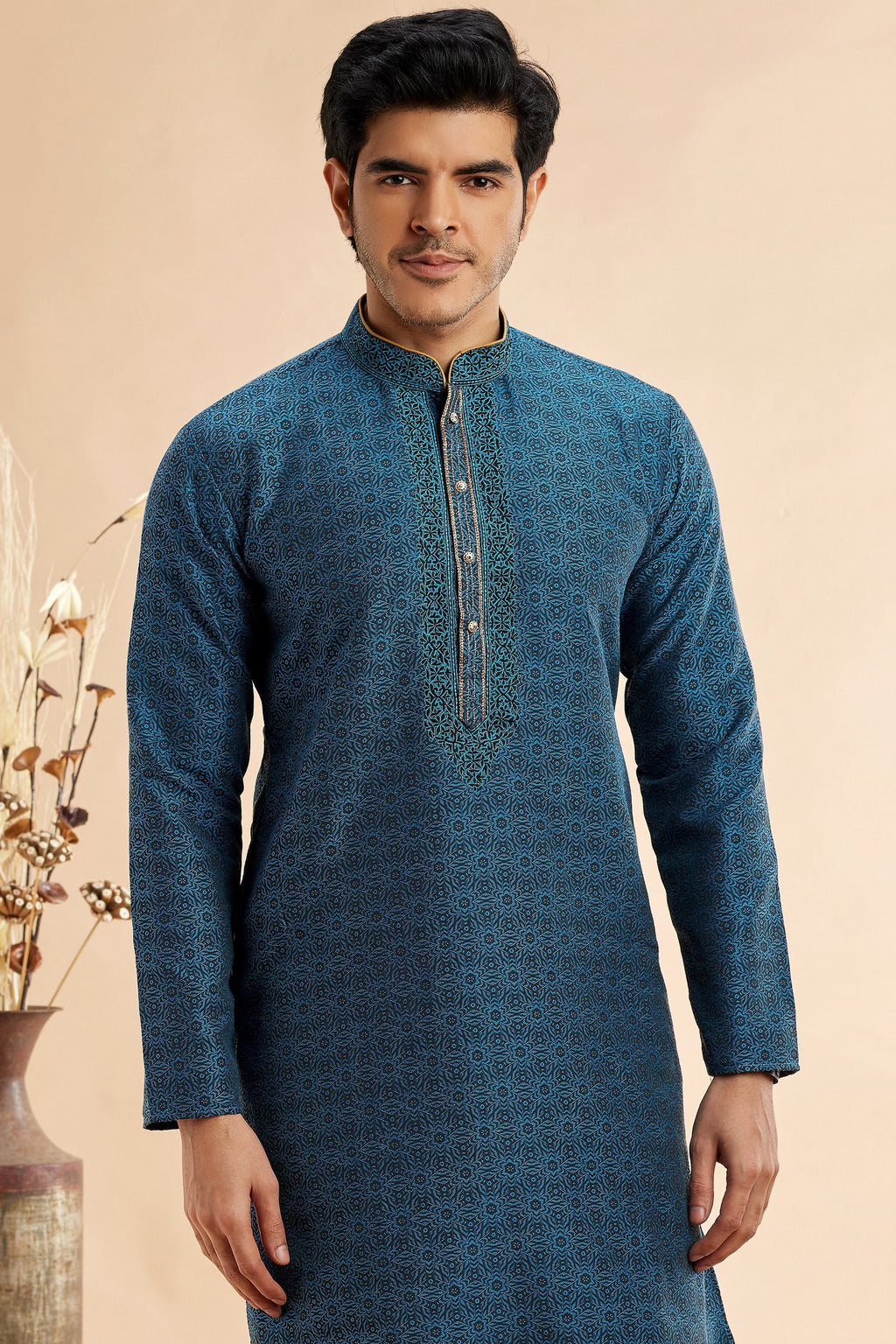 Teal Blue Jacquard Silk Plain Straight Kurta Pajama for Men for Festival & Weddings - Embroidery Work