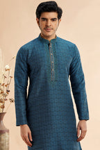 Teal Blue Jacquard Silk Plain Straight Kurta Pajama for Men for Festival & Weddings - Embroidery Work
