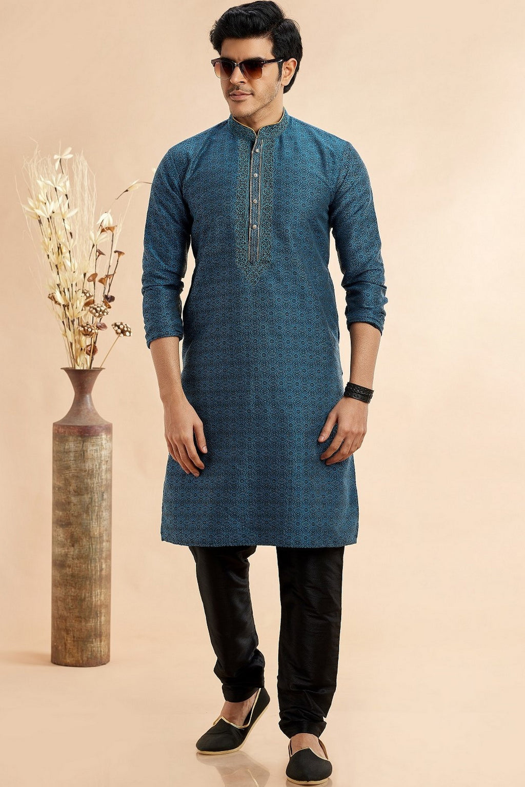 Teal Blue Jacquard Silk Plain Straight Kurta Pajama for Men for Festival & Weddings - Embroidery Work