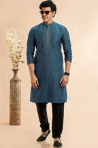 Teal Blue Jacquard Silk Plain Straight Kurta Pajama for Men for Festival & Weddings - Embroidery Work