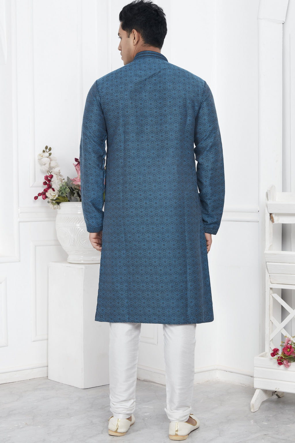 Teal Blue Jacquard Silk Plain Straight Kurta Pajama for Men for Wedding & Festival