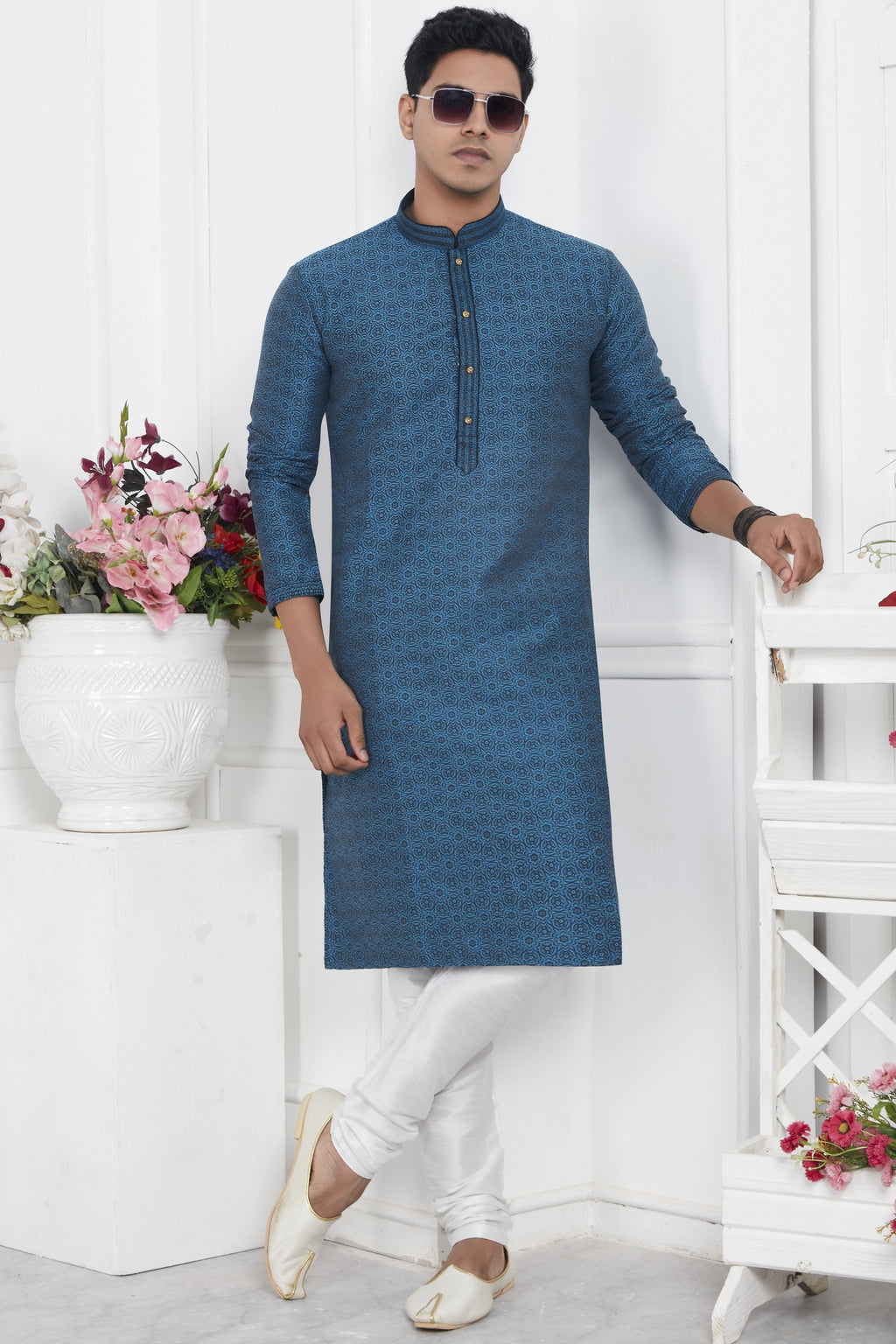 Teal Blue Jacquard Silk Plain Straight Kurta Pajama for Men for Wedding & Festival