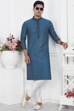 Teal Blue Jacquard Silk Plain Straight Kurta Pajama for Men for Wedding & Festival