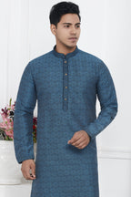 Teal Blue Jacquard Silk Plain Straight Kurta Pajama for Men for Wedding & Festival