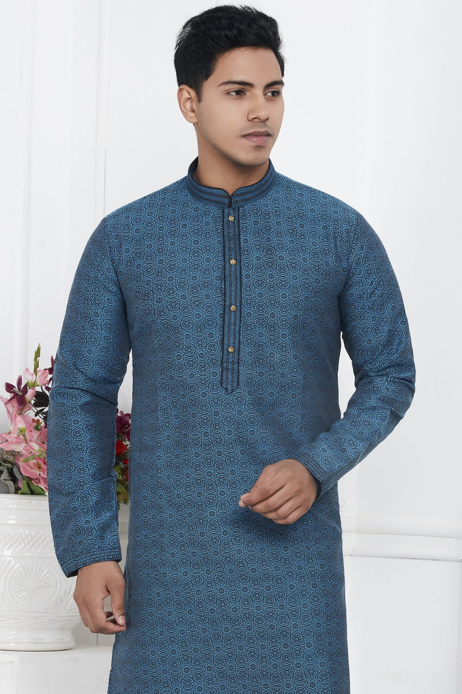 Teal Blue Jacquard Silk Plain Straight Kurta Pajama for Men for Wedding & Festival