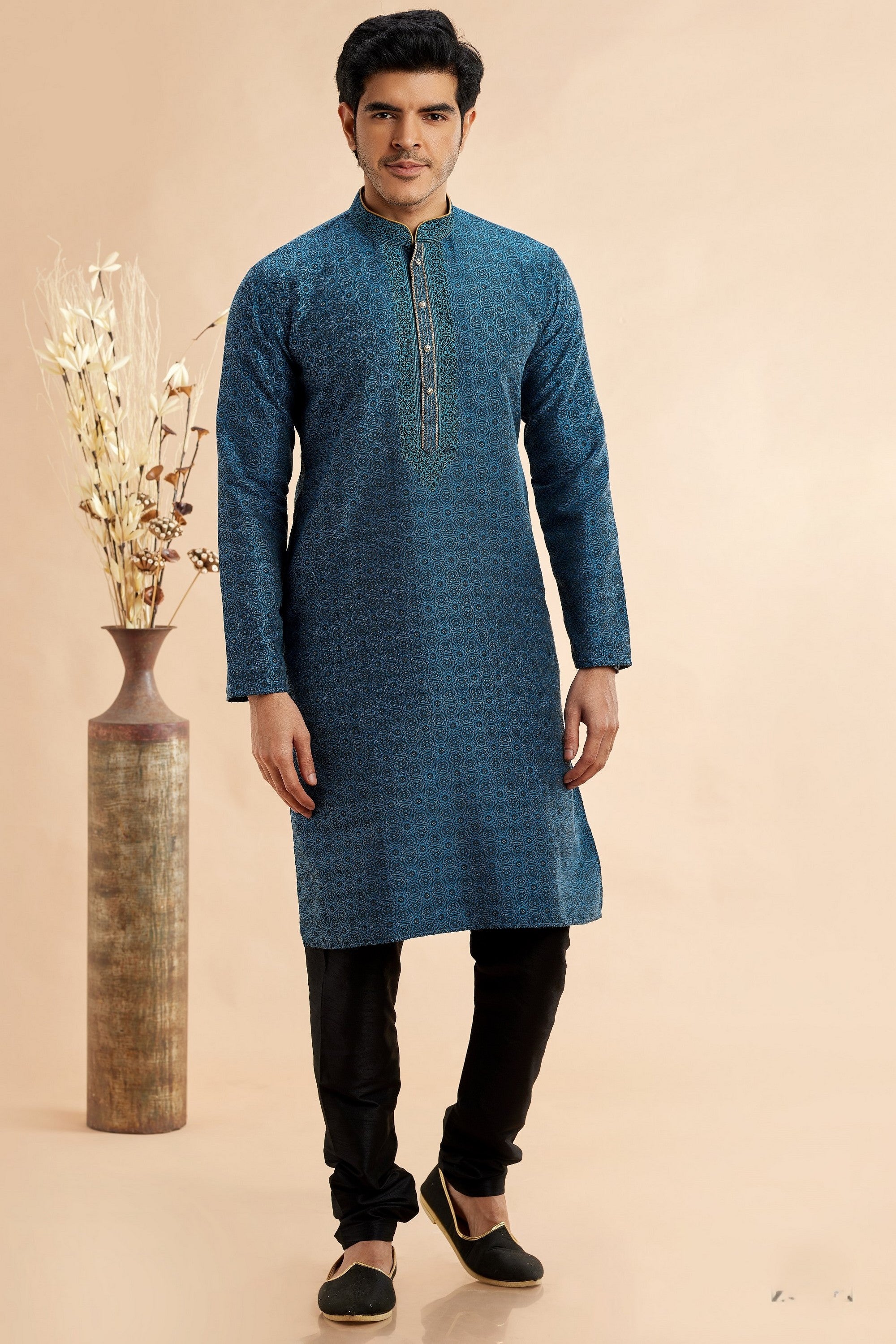 Teal Blue Jacquard Silk Plain Straight Kurta Pajama for Men for Festival & Weddings - Embroidery Work