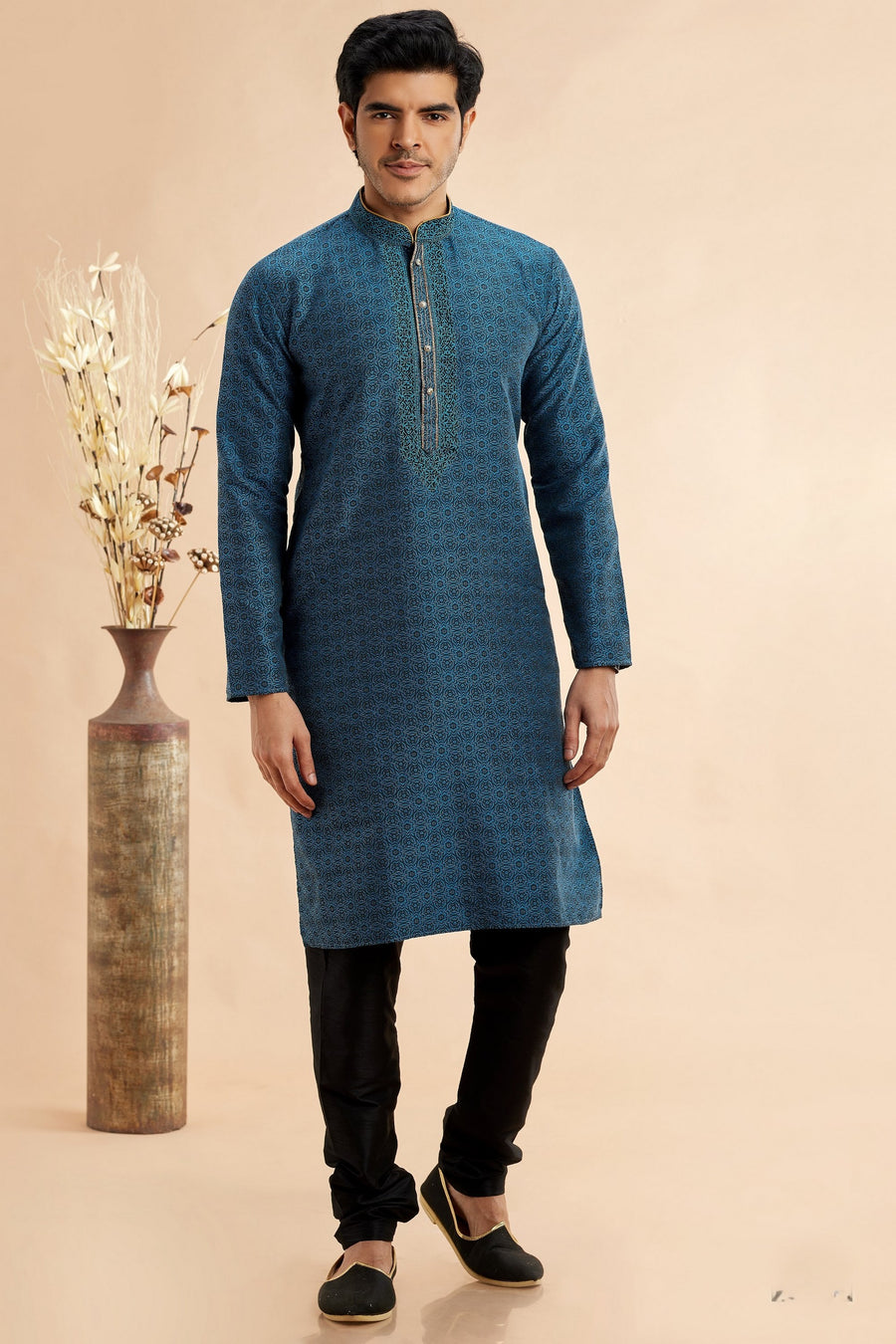 Teal Blue Jacquard Silk Plain Straight Kurta Pajama for Men for Festival & Weddings - Embroidery Work