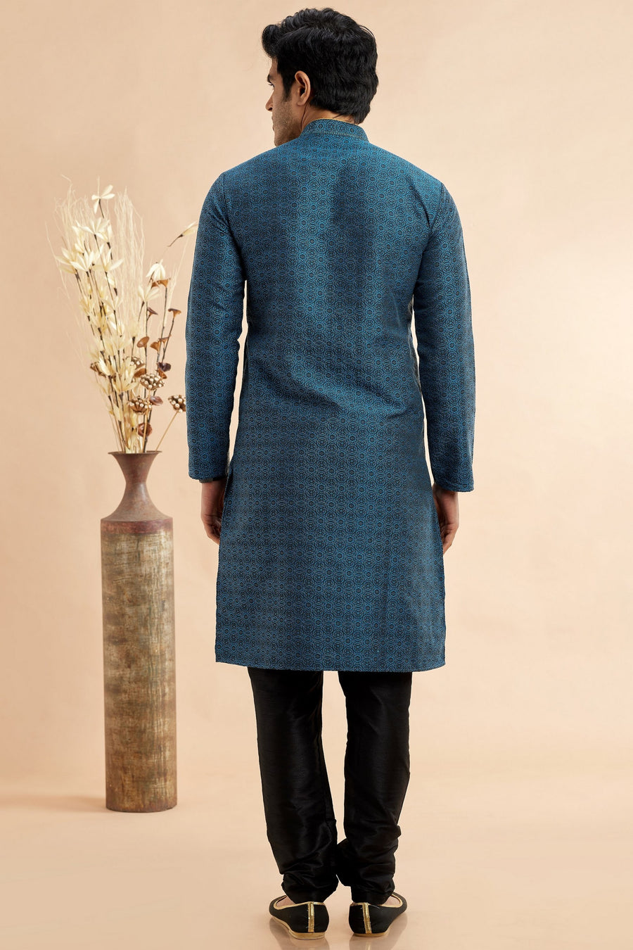 Teal Blue Jacquard Silk Plain Straight Kurta Pajama for Men for Festival & Weddings - Embroidery Work